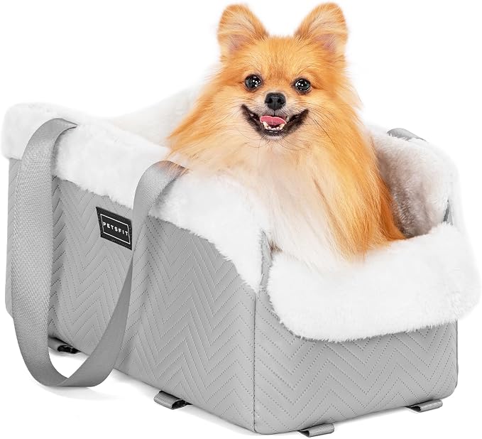 PETSFIT Console Dog Car Seat, Portable Small Dog Car Seat with Safe Protective Hooks, Luxury Dog Carseat Includes Safety Leash and Storage Pocket for Pets Up to 9 lbs (Grey)