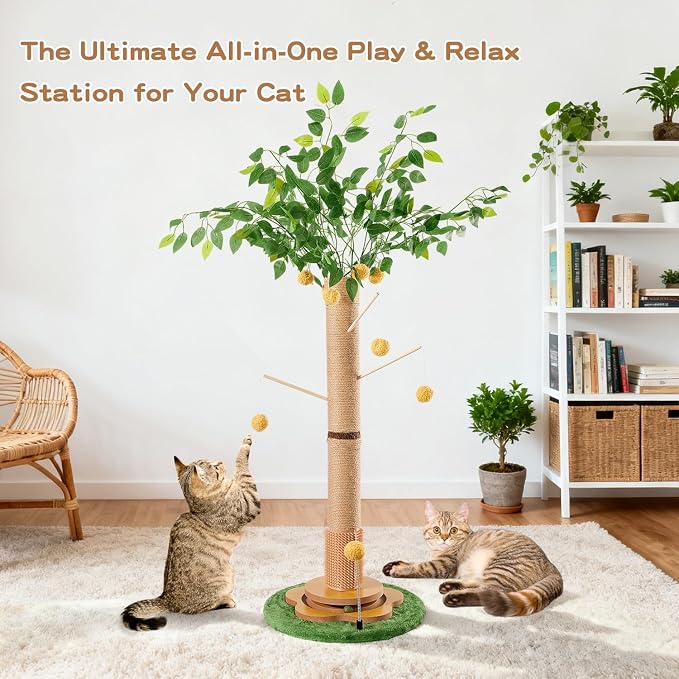 45" Tall Cat Scratching Post with Toy | Sisal Rope, Track Balls, Slef-Grooming Brush, Hanging Ball Toy