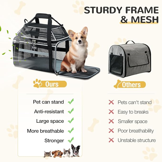 Lekereise Top-Expandable Pet Carrier Full Mesh 17x11x9.5 Inch Airline Approved Soft Sided Underseat Travel Carriers for Small Cats and Dogs with Locking Safety Zippers