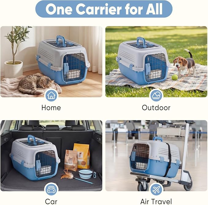 DUMOS 23" Hard-Sided Pet Carrier for Small Dogs & Cats, Airline Approved Travel Crate with Enhanced Security Latches, Front & Top Load Wire Door, Food Bowl for Traveling, Hiking, Camping, Blue
