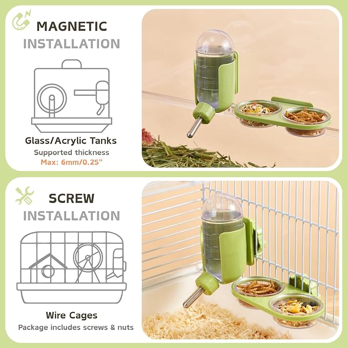 Magnetic Reptile Feeding Ledge with 2 Pack Plastic Bowls Food Feeder Water Dish for Crested Gecko Dwarf Hamster(Gray, Magnetic-Mounted)