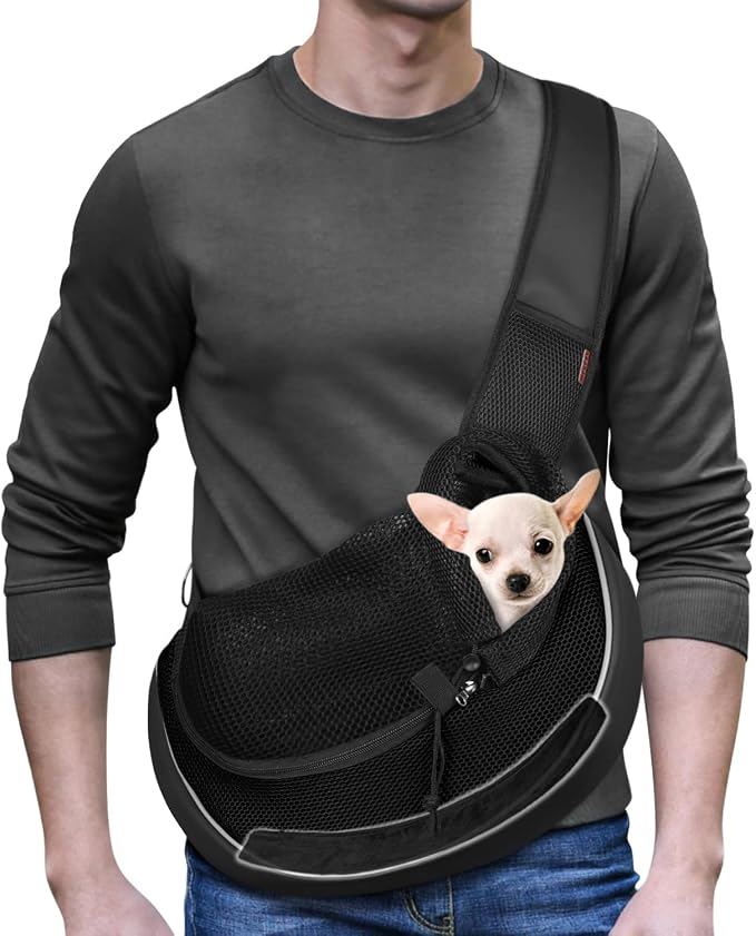 YUDODO Pet Sling Carrier for 5-9 lbs Small Dogs Cat Puppy Crossbody Carrier | Bottom support, Safety Hook, Large Zipper Pocket, Soft Breathable Mesh, Adjustable Strap, Reflective Strip, Black, M