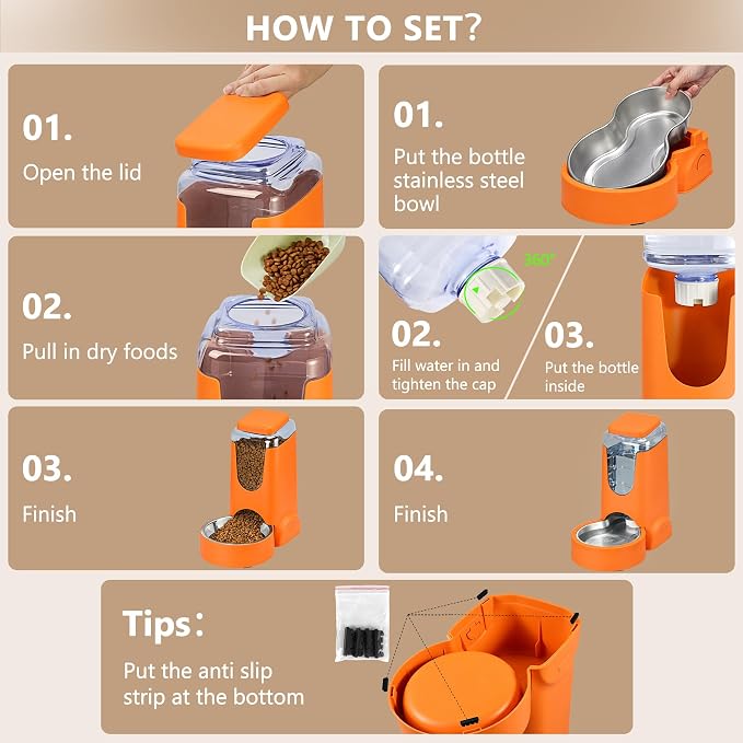 HWONMTE Portable Automatic Cat Feeder and Water Dispenser with Stainless Steel Bowl Dog Gravity Food Feeder and Waterer for Small Medium Pets Puppy Kitten 1 Gallon x 2 (Orange)