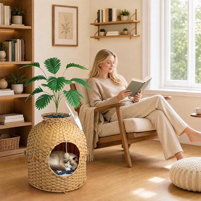 Cat Hidden Litter Box Enclosure Furniture, Handwoven Rattan Cat House with Decorative Faux Plant, Cat Litter Box with Scoop & Sisal Ball, Real Stones for Living Room, Bedroom, Corner Natural