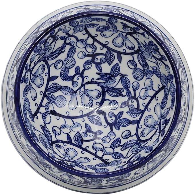 Aimusego Blue and White Vintage Ceramic Dog Bowl for Pet Owners, Anti-Skid Base Medium Large Water and Food Pet Cat Dish-9inch
