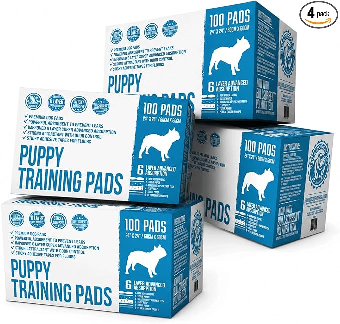 Bulldogology Premium Puppy Pads with Adhesive Sticky Tape Large Dog Training Wee Pads 6 Layer Absorbent Pet Pee Pads Bullsorbent Tech White 400 Count 24" x 24"