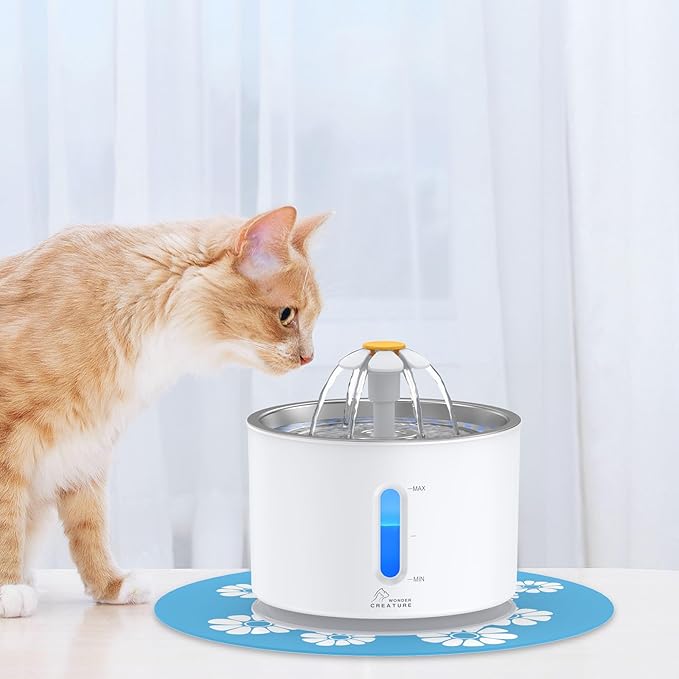 Wonder Creature Fontaine à eau en acier inoxydable pour chat, fontaine à chat de 2,4 L avec fenêtre de niveau d'eau et lumière LED pour alerte de manque d'eau, fontaine pour chat et chien avec 3 filtres et 1 tapis