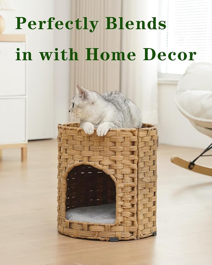 SETVSON Cat House for Indoor Cat, Small Handwoven PE Rattan Kitten Cave | Two-Tier Cozy Pet Nest with One Double-Sided Pad, Waterproof Handwoven PE Rattan Basket, Easy to Clean, 13x13x13.7 In