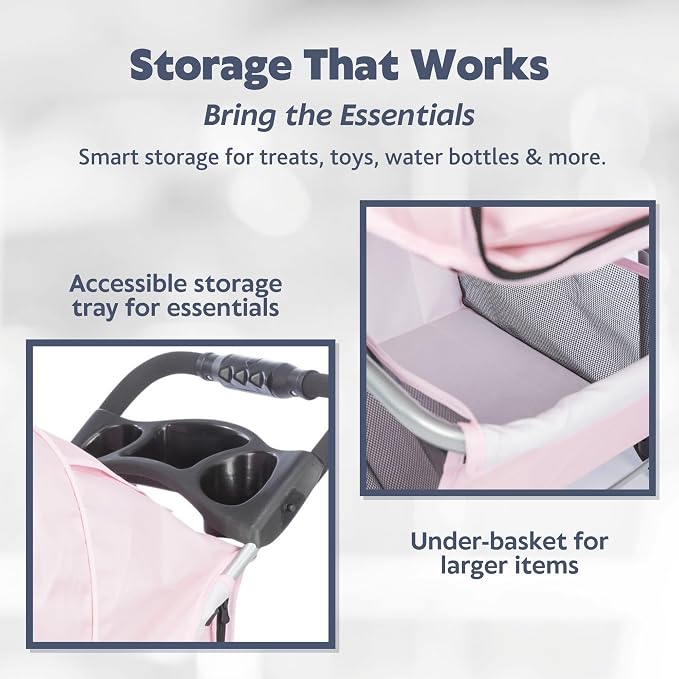 Trixie Foldable Pet Stroller for Cats and Dogs, Pet Carrier Strolling Cart with Weather Cover, Storage Basket, Cup Holder, Pink