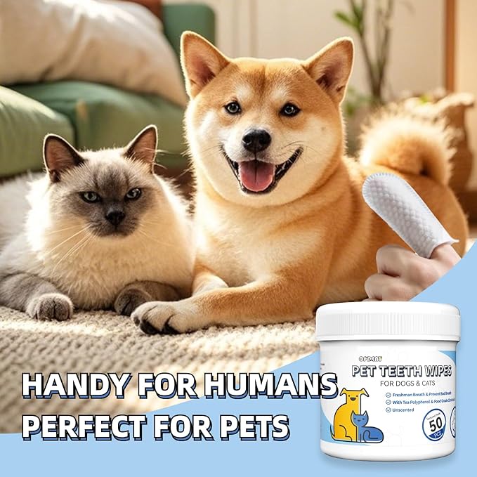 Opdent No-Rinse Dog Teeth Cleaning Wipes - Cat & Dog Fresh Breath Pet Dental Finger Wipes, Dog Toothbrush Dental Wipes to Easy Remove Plaque & Tartar, Gently Cleans Discharge (50 pcs, Unscented)