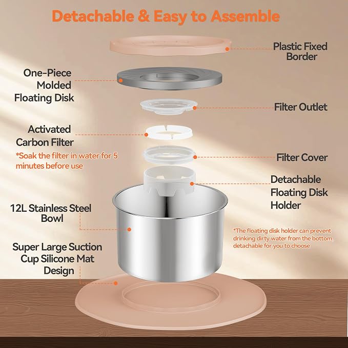 Decflow 12L No Spill Dog Water Bowl for Large Dogs, Stainless Steel Spill Proof Bowls with Suction Cup Anti-Skid Mat, Slow Feeder for Messy Drinkers, Heavy Duty Pet Bowls for Indoor/Outdoor Beige