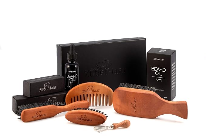 Zilberhaar Beard Brush Grooming Kit (Soft Version) 2nd Cut Boar Bristles - Ideal for Stubbles and Short To Medium Beards - Distributes Balm and Oil for Growth/Styling - Comes with Brush Cleaning Tool