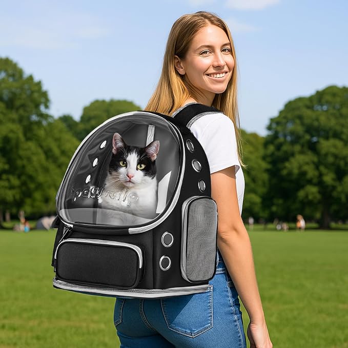 Cat Backpack Carrier Clear Bubble Window for Cats & Small Dogs up to 15 lb | Large Space Breathable Foldable Pet Carrier Airline Approved, Mesh Entry Safety Tether Washable Pad, Travel Hiking Outdoor