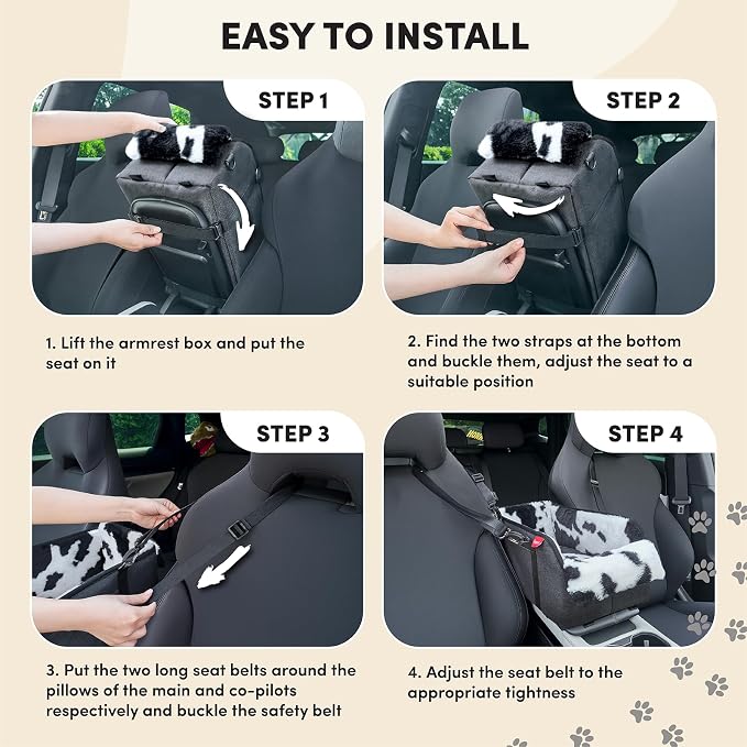 Center Console Dog Car Seat for Small Pets to 11lbs, Milk Cow | Anti-collapse armrest Console seat with washable fluffy cushion, pillow & tether for stable, cozy pet travel trips.