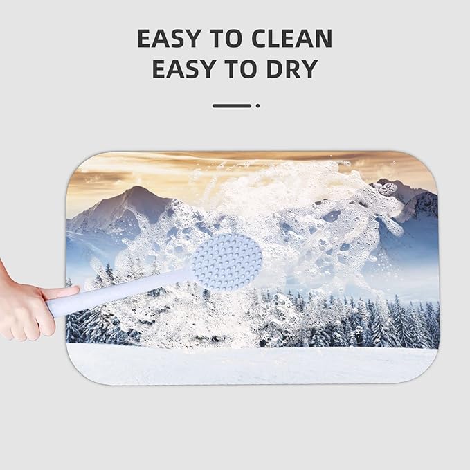Door Mat, Winter Quick Dry Bath Mat, Fantastic Landscape with Snowy Mountains Pine Trees, 31.4" W x 19.6" L, Multi-Purpose Rubber Floor Mat,Multicolor