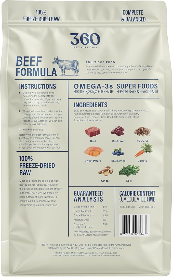 360 Pet Nutrition Freeze-Dried Raw Dog Food – Beef Recipe with Liver & Organs, High Protein with Omega-3s, Fruits, Veggies & Superfoods, Grain-Free, No Fillers 2 x 48 oz – Made in USA