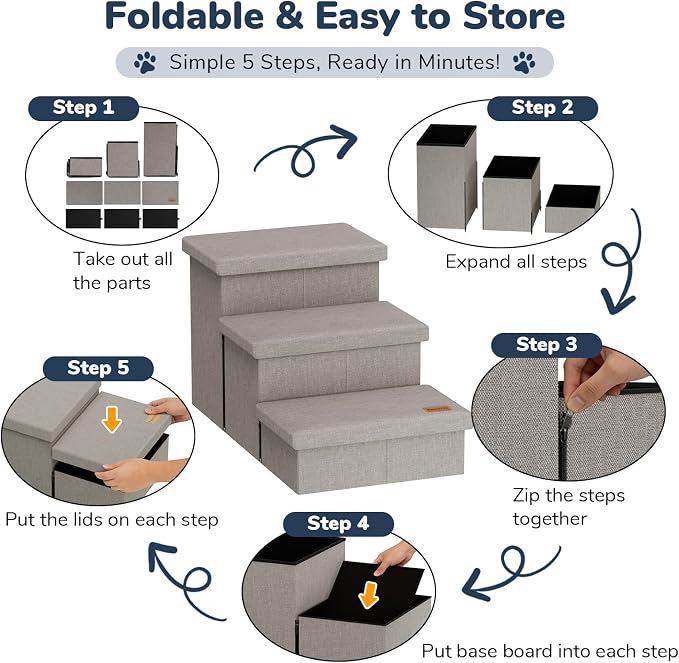 3-Step Dog Stairs for Large Dogs with Storage 18" H, Light Grey | Wide Dog Steps for High Bed Couch Window Car, Jiont-Friendly Pet Stairs Ramp for Small/Medium/Large Old Dogs Cats