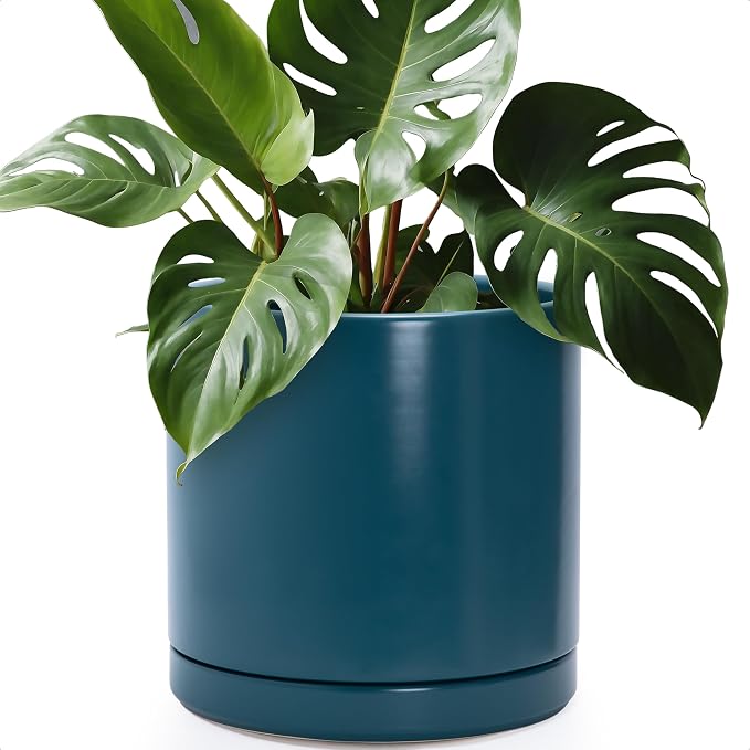D'vine Dev 12 Inch Ceramic Planter Pot, Teal, 94-O-F-9 | Modern Cylinder Design, Drainage Hole & Saucer Included, Stable Structure, Elegant Home Accent