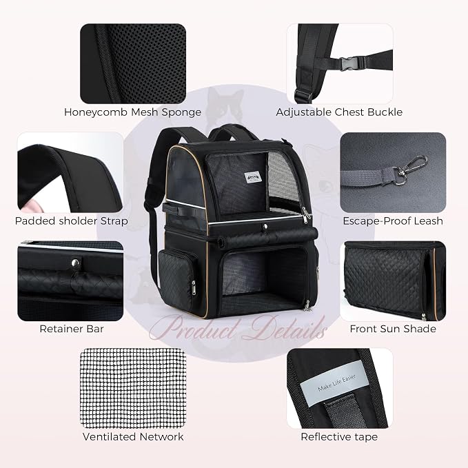 Double Cat Backpack Carrier for 2 Cats, Double-Compartment Pet Carrier Backpack for Two Small Cat or One Medium Cat, Cats Carrier Backpack Dog Carrier Backpack Fits Up to 24 Lbs,Black