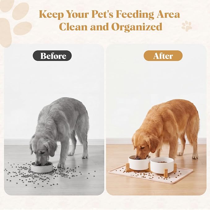 Ceramic Dog Bowl Food Water Bowl Set for Medium Dog with Wood Stand Waterproof Raised Edge Non-Slip Mat 3.6 Cups Glaze Weighted Feeding Dishes for Cat