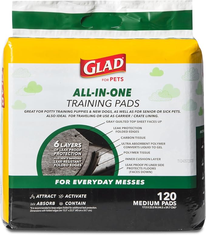 Glad for Pets Black Charcoal Puppy Pads, 17.5 x 23.5 Inch, 120 Count, 2-Pk | Super-absorbent core, disposable design, 17.5x23.5 in, potty crate and indoor training