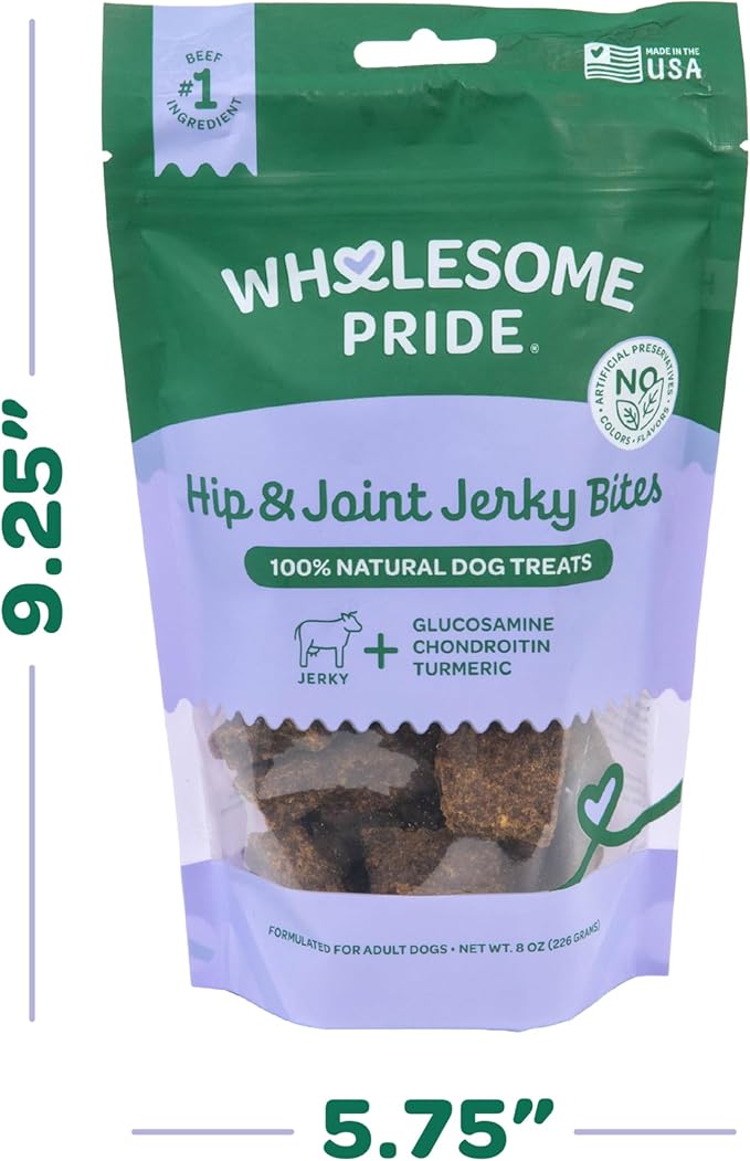 Wholesome Pride Functional Dog Hip & Joint Support Beef Jerky Bites, USA Made Mobility Dog Treats - 8 oz