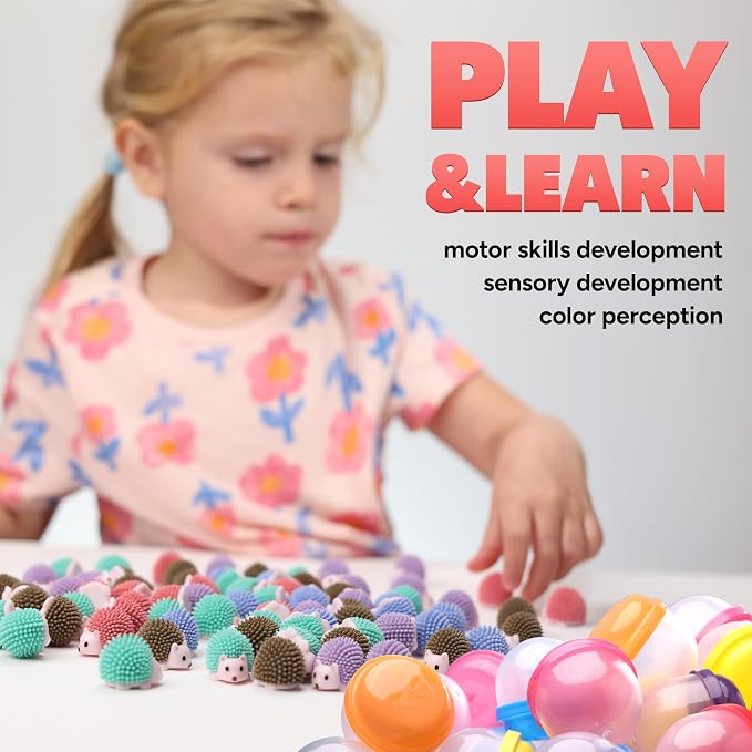Hedgehog Mini Toys for Kids in Capsules - 250 Pcs of 1.1 Inch Plastic Capsules & Hedgehog Toy Figurines for Kids - Bulk Toys in Capsule - Easter Basket Stuffers