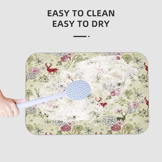 Rubber Non Slip Mat, Winter Kitchen Door Mat, Deer with Blossoming Flowers Abstract Christmas, 23.6" W x 15.7" L, Soft and Non Slip for Elderly and Children,Pale Green Olive Green Ruby