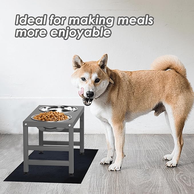 ADENGL Metal Raised Dog Bowl, 10" Height Tall Elevate Dog Feeder Stand with 2 Stainless Steel 42oz Bowls & 16x24 Non-Slip Mat – Stronger Dogs Food & Water Bowl Stand (Grey)