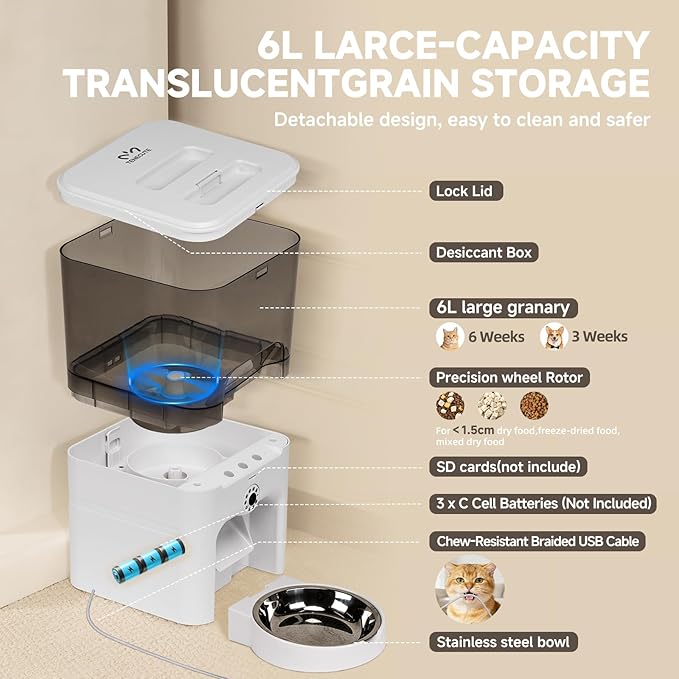 Automatic Cat Feeder with Camera, 5G WiFi Smart APP Control Automatic Dog Feeder, 2k HD Video with Night Vision, 6L Cat Food Dispenser, Remote Monitor, Anti-Clog, 2-Way Audio, Low Food Alert