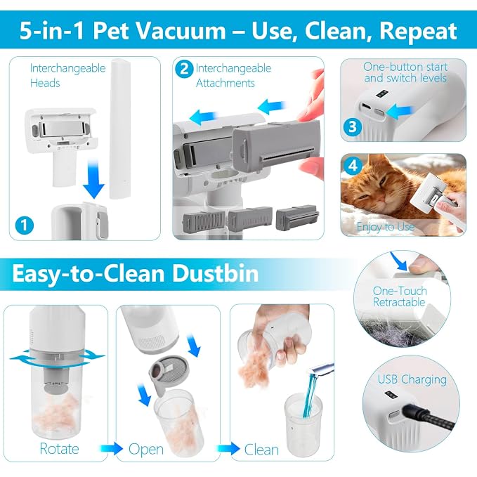 Pet Brush With Vacuum | 5-in-1 Hair Shedding & Vacuum Tool Kits | DELOMENPA Pet Brush With Vacuum | 5-in-1 Hair Shedding & Vacuum Tool Kit