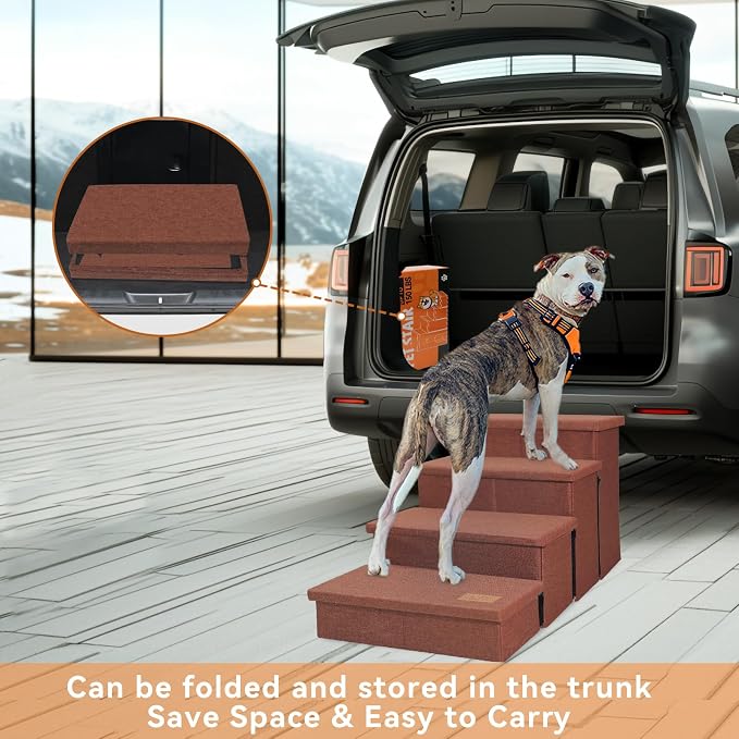 Zerbuger Dog Stairs with Storage, Brown 4 Steps Dog Ramp with Condo for Bed | 23" H Wider Dog Steps for High Beds Couch, Folding Storage Pet Stairs Gift for Climbing Small/Medium/Large Old Dogs Cats