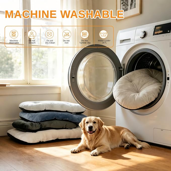 Washable Oval Dog Bedfor Medium Dogs,Silver-Tipped High-Resilience,Beige | Non-Slip Bottom Prevents Sliding, Soft Plush Short Fur, Machine Washable, Ideal for Crates/Apartments/Cozy Nooks,29"x18"x2.8"