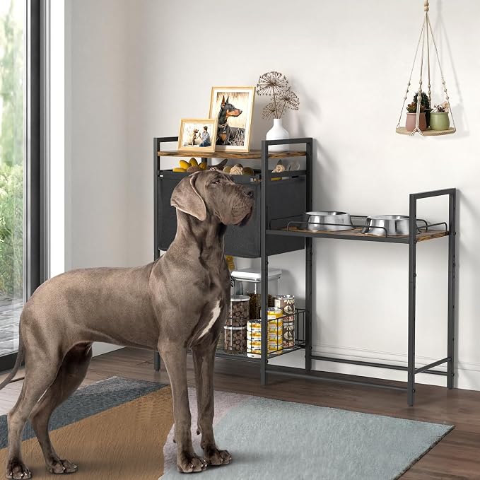 Lomivra Elevated Dog Bowls Stand for X-Large & Large Breed, 7 Adjustable Heights from 2"-22" Raised Dog Feeding Station with Toy Bin Basket, Lifted Dogs Food Bowl Holder Cabinet Pet Storage Organizer