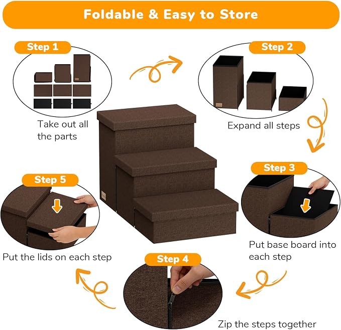 3-Step Wide Dog Stairs with Storage 18" H, Non-Slip Sturdy Pet Steps for High Bed Couch Window, Pet Stairs for Small/Medium/Large Old Dogs Cats Up to 200lbs, Cat Dog Steps for Car/SUV, Coffee