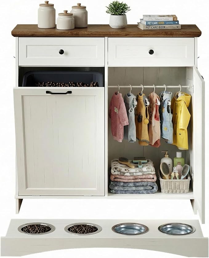 Furnaza Pet Feeding Station with 4 Bowls, Dual Doors Dog Cabinet Storage | White 39.7"W Dual Doors Pet feeding station with storage for dogs and cats, Pet Food Storage for Kitchen, Living Room