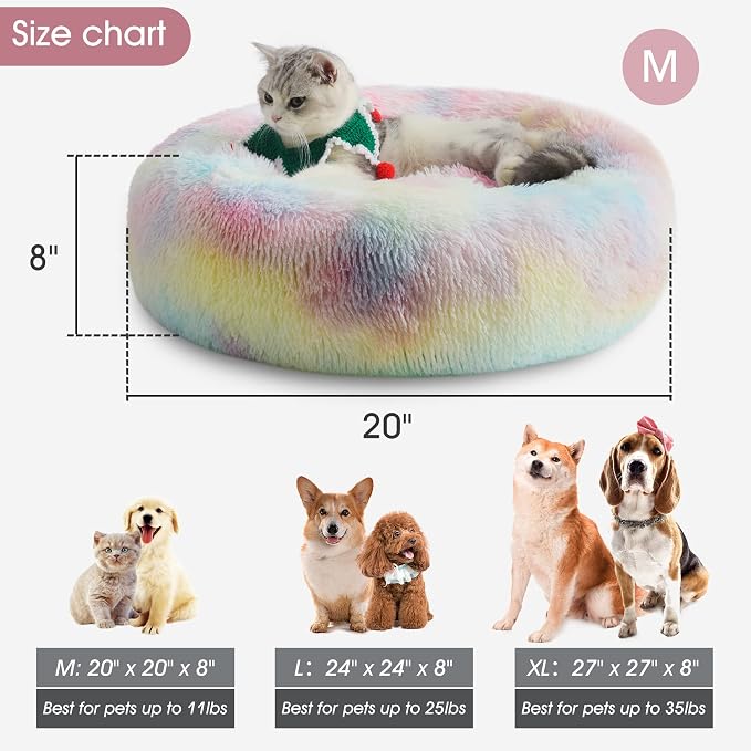 Western Home Calming Donut Cat Bed Small Dog Bed Washable,20" Rainbow | Fluffy Faux Fur Round Cuddler,Anti-Anxiety,Anti-Slip Bottom,Self-Warming Pet Bed for Small Dog&Kitten&Puppy,Up to 12 LBS