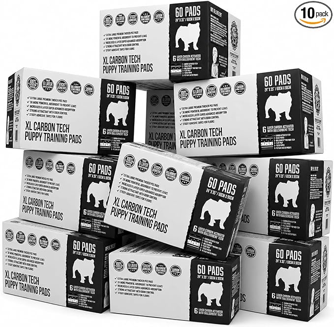 Bulldogology Carbon Black XL Dog Pee Pads with Adhesive Sticky Tape Extra Large Charcoal Housebreaking Dog Training Wee Pads Leak Proof Absorbent 600 Count 24" x 35"