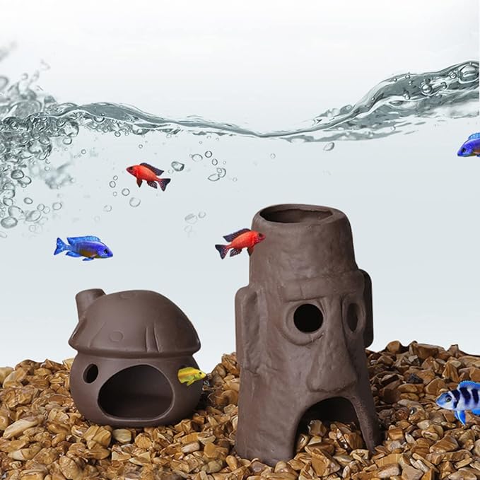 Ceramic Mushroom House Aquarium Decorations, Cichlid Caves Gold Fish House for Betta Goldfishes Cichlid to Rest, Breed, Hiding, Fish Tank Accessories - Brown