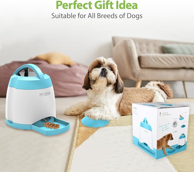 PETGEEK Automatic Dog Treat Dispenser, Interactive Pet Toy Food Dispensing for IQ Training, Dog Food Dispenser with Button Remote Push, Dual Power Supply for Indoor Outdoor Use, Blue | Automatic Food Dispenser Blue Color, Dual Power Supply, Remote Butt...