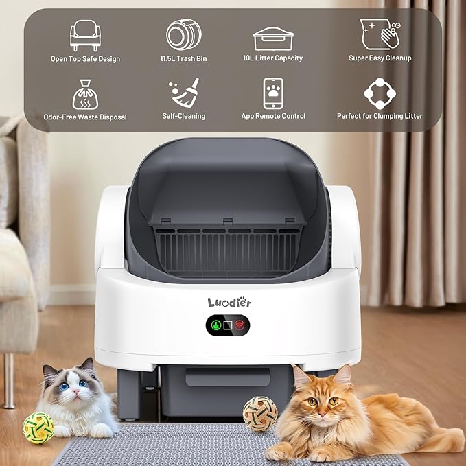 Automatic Litter Box, Open Top Large Self Cleaning Cat Litter Box for Multiple Cats, with APP Control/Multiple Safety Sensors/Trash Bag/Litter Mat, Cat Box Automatic Cleaning White