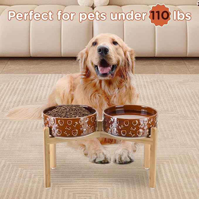 SPUNKYJUNKY Elevated Dog Bowls Ceramic, 8.3'' Dogs Food Water Bowls Raised with Non-Slip Bamboo Stand for Large Sized Breed Microwave Dishwasher Safe - 60 OZ,Skull Bronze