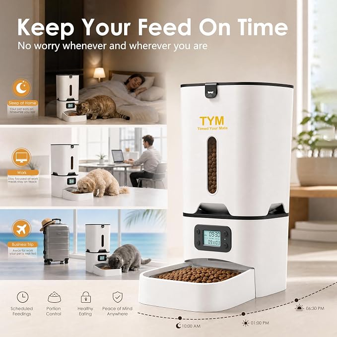 Automatic Cat Feeder 7L, 9 Meals/Day Food Dispenser for Cats Small Dogs | Large Capacity | Programmable Timer | NO APP | Weight / Diet Control | Stainless Steel Bowl | Fresh Food | Dual Power Supply