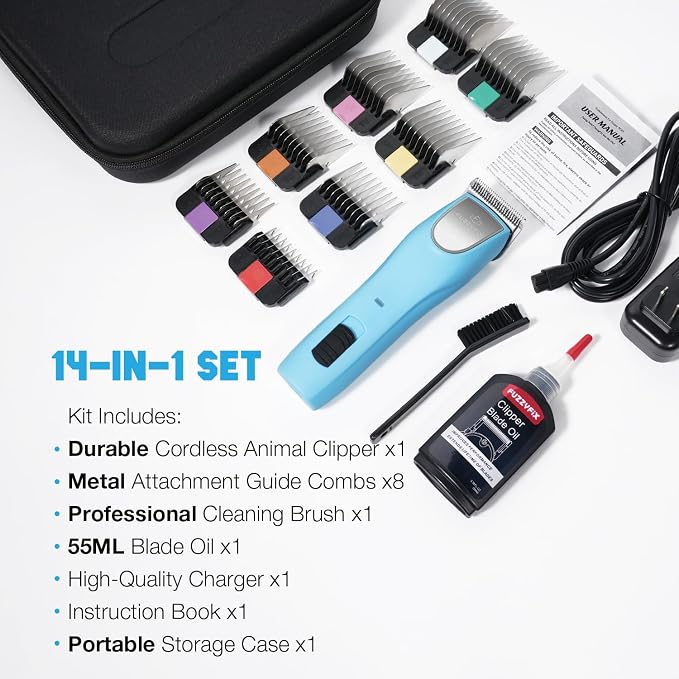 Professional Dog Clippers for Grooming Thick Curly Matted Coats | Detachable A5 Blade & Metal Guide Combs Kit for Horse Animal Breeds Low Noise Cordless Pet Hair Trimmer with 2 Speed Bluewave