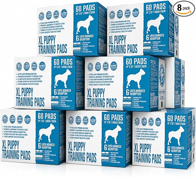 Bulldogology Premium XL Puppy Pee Pads with Adhesive Sticky Tape Extra Large Dog Training Wee Pads 6 Layer Absorbent Bullsorbent Technology White 400 Count 24 x 35