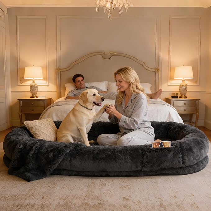 Dark Grey Human Dog Bed - 71''x45''x12'' Size Fits You and Pets | Washable Faux Fur Pet Bed for People Doze Off, Napping Orthopedic Dog Bed, Present Plump Pillow, Blanket, Strap