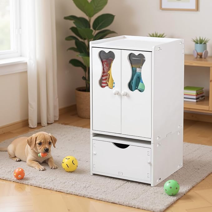 Teenyyou 22.84 x 12.99 x 12.6 Inch Pet Wardrobe Closet Dog Toy Clothes Storage Organizer with Doors and Telescopic Hanging Rod Combinable Drawers Closet Rack for Small Dog Cat Toys Clothes Accessories