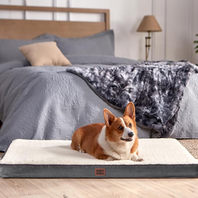 EHEYCIGA Orthopedic Dog Bed Large with Removable Washable Cover, 47IN Beige | Egg Crate Foam Support, Durable Oxford fabric, Non-Slip Bottom, Machine Washable, Soft Waterproof Plush Pet Bed Mat For Crate