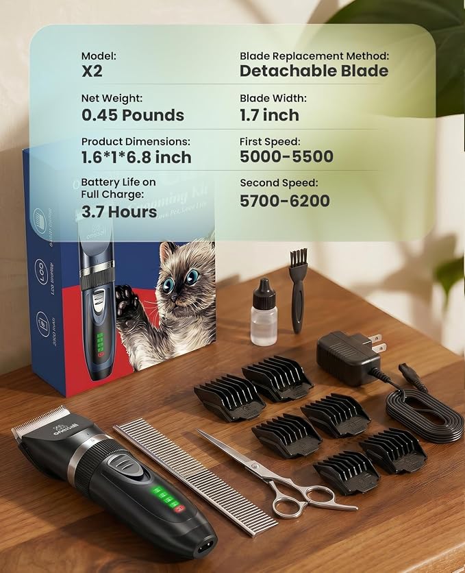 oneisall Quiet Cat Clippers for Matted & Long Hair 2-Speed Cat Grooming Kit | Cordless Pet Clippers for Cats, Small Dogs & Animals, 6 Guide Guards, 240mins Long Battery Life, With Scissors and Comb