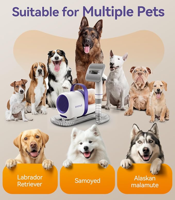 oneisall Dog Hair Vacuum Shedding Grooming Brush Kits for Pet Thick Coats | 15000Pa,3 Suction Low Noise,1.5L Dust Cup,5 in 1 Kits(Grooming/Deshedding/Cleaning Brush,Remover Roller,Crevice Tool), LM5